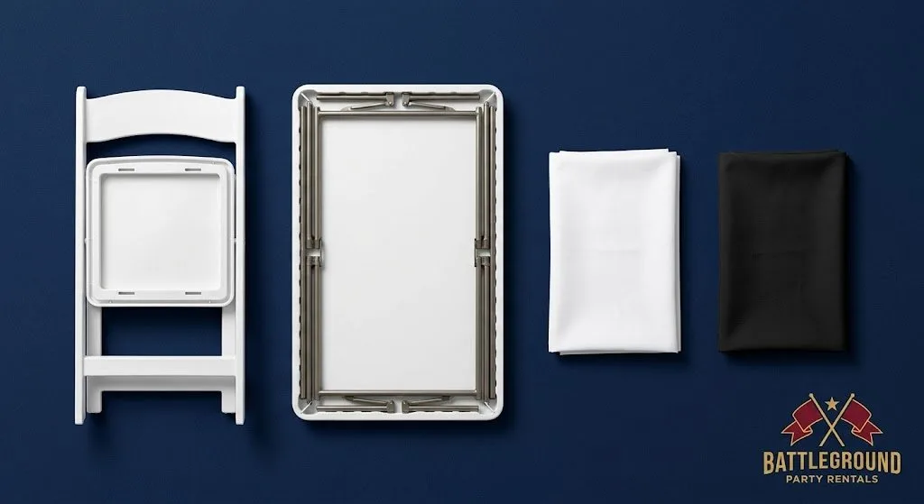 Folded chair, table, and linens laid out flat