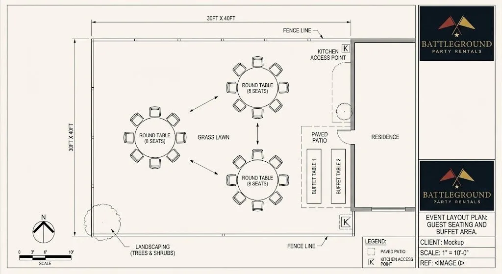 Event layout plan with round tables and buffet tables