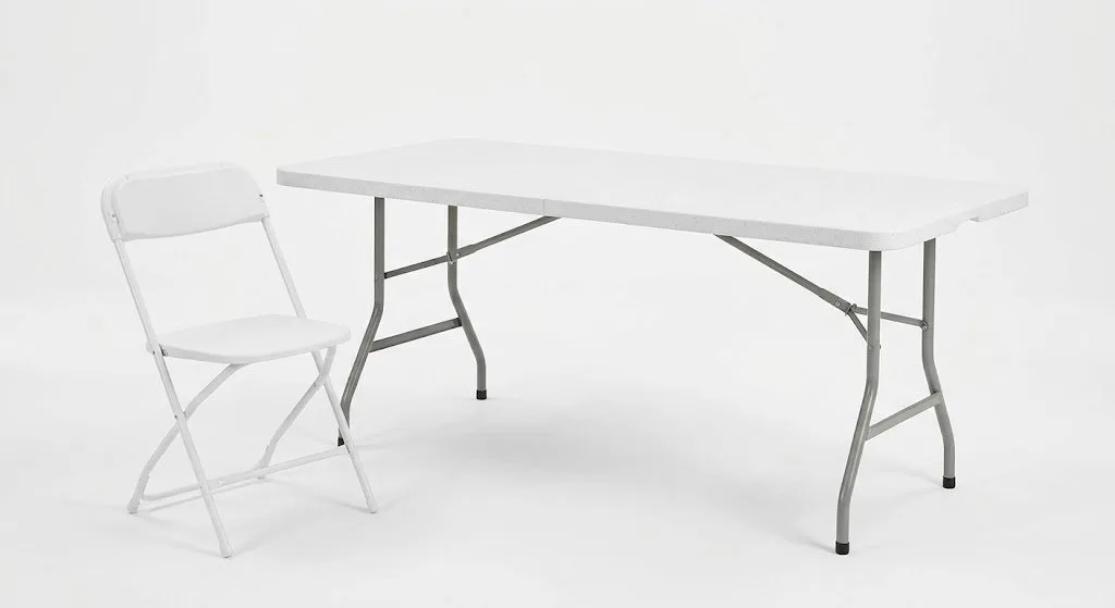 Folding banquet table with a white folding chair