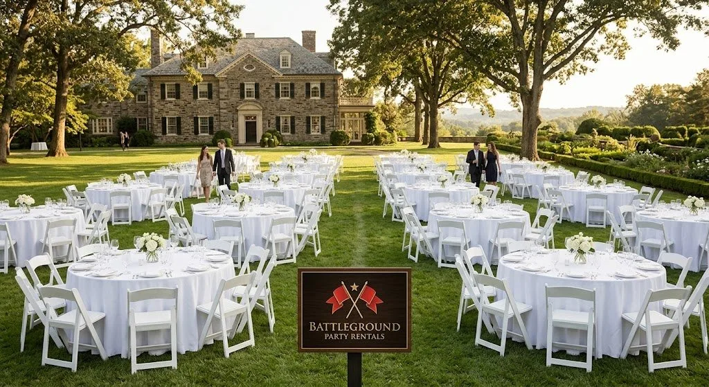 Round tables with white linens on an estate lawn