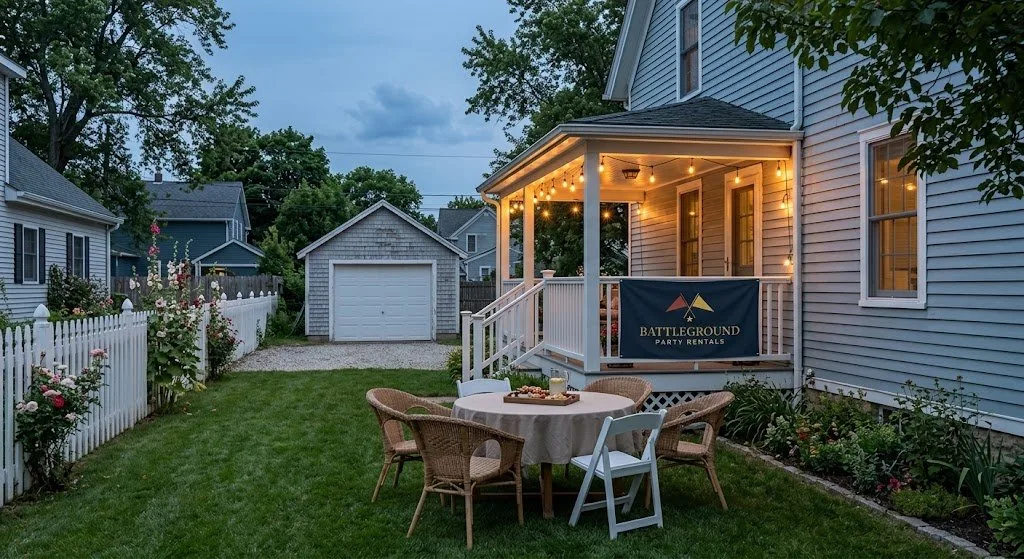 Small backyard gathering with a round table by a back porch