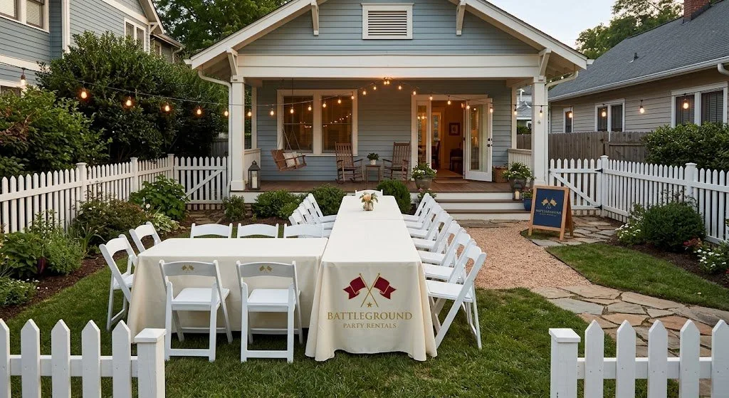 Long banquet table setup in a small fenced backyard behind a front-porch house