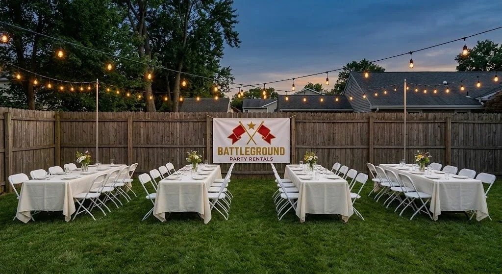 Backyard graduation setup with banquet tables, white folding chairs and string lights