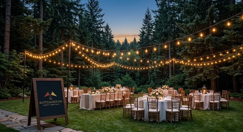 Tables and chairs set in a wooded backyard under string lights