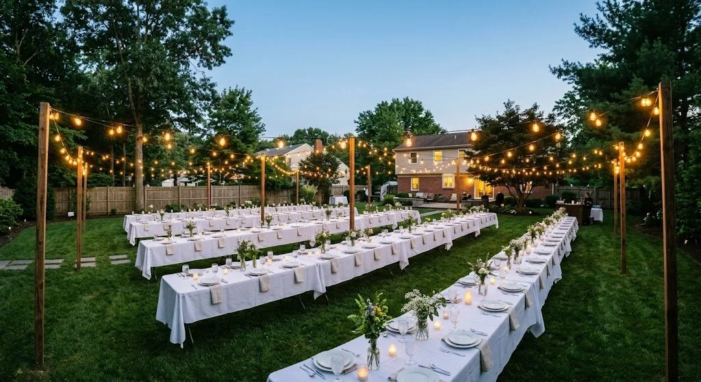 Long rows of linened banquet tables under string lights in a large backyard