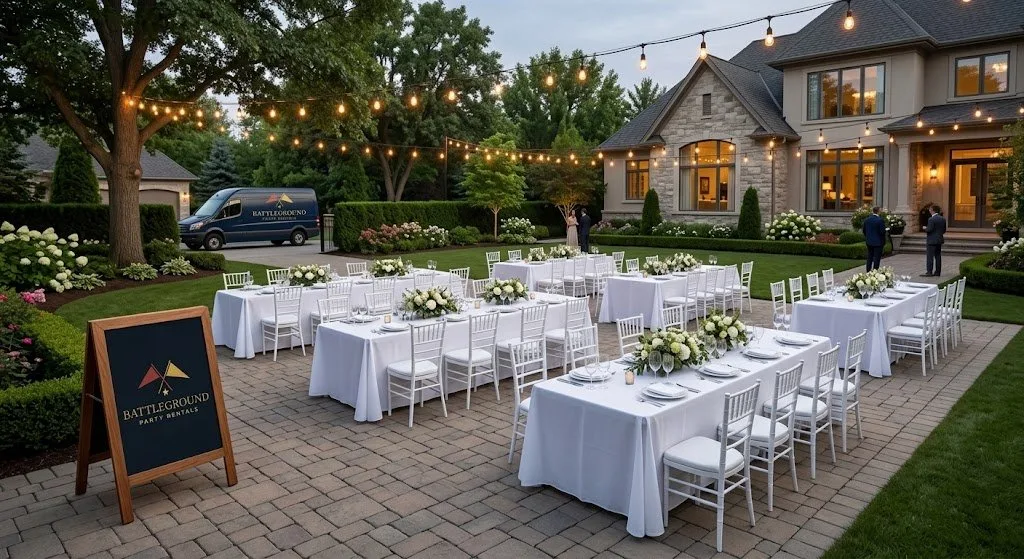 Patio party setup with linened tables and white chairs at dusk
