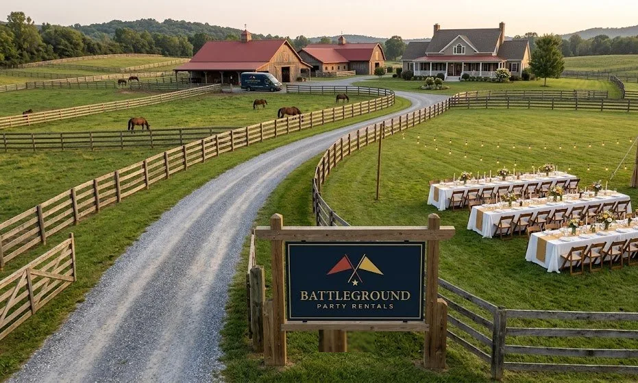 Aerial view of a farm property with party tables set on the lawn